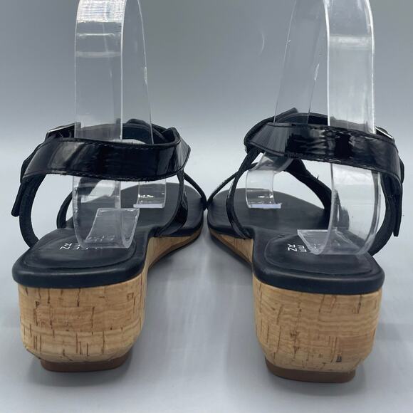 Eileen Fisher Strappy Sandals Size 7.5 Black Patent Leather Cork Low Wedge Heels - Picture 6 of 10